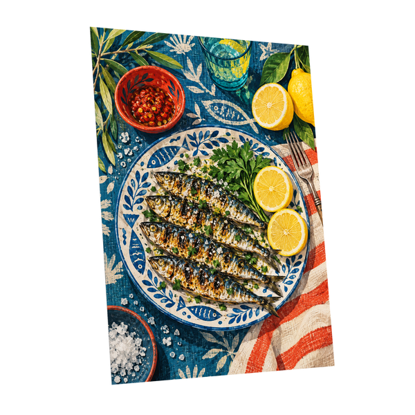 The Lemon Table, blue, yellow, green abstract wall art shown as a unframed poster wall art print