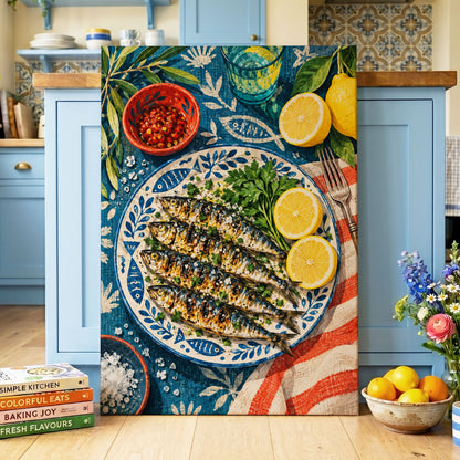 The Lemon Table, blue, yellow, green abstract wall art displayed in a styled interior, gallery view 3
