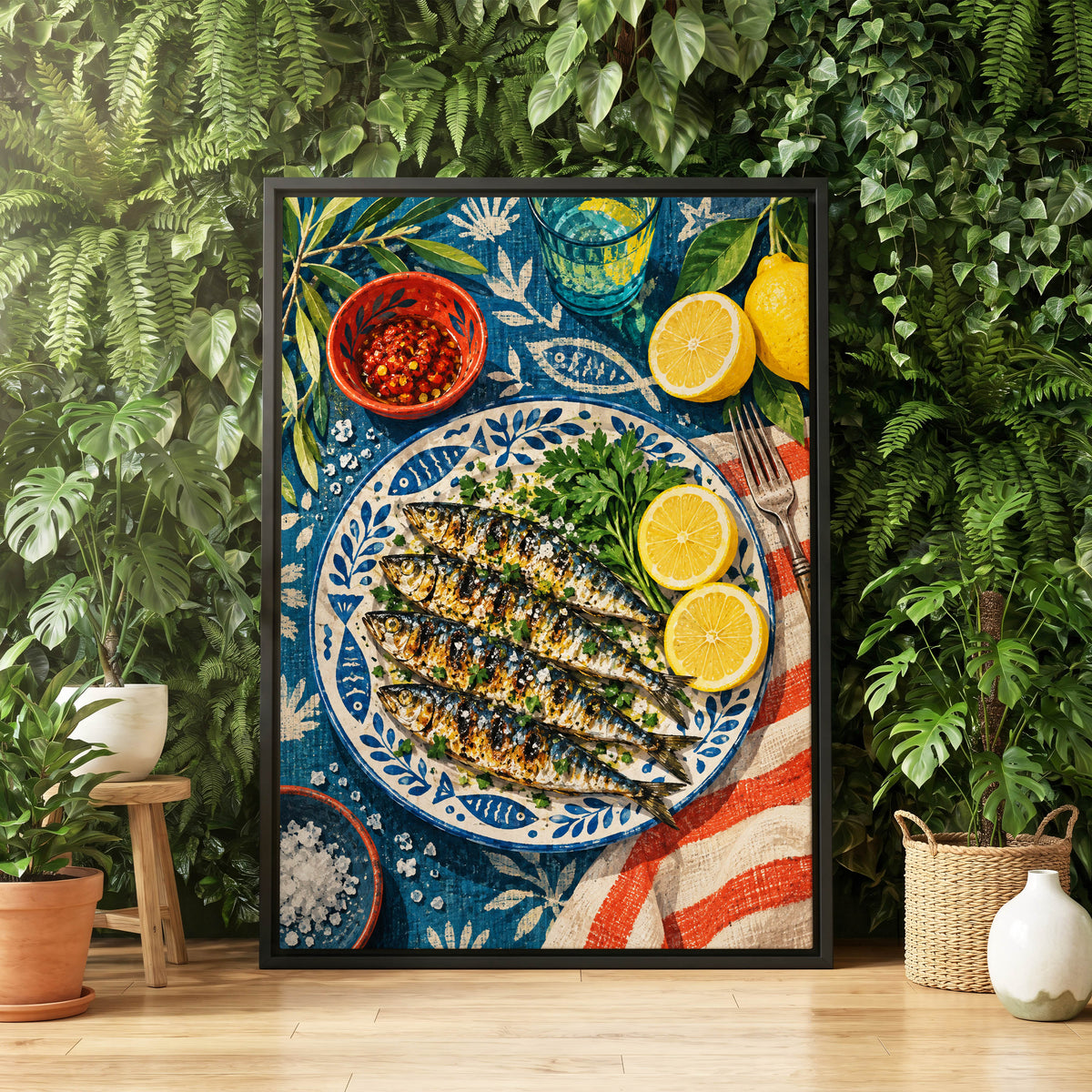 The Lemon Table, blue, yellow, green abstract wall art displayed in a styled interior, gallery view 4