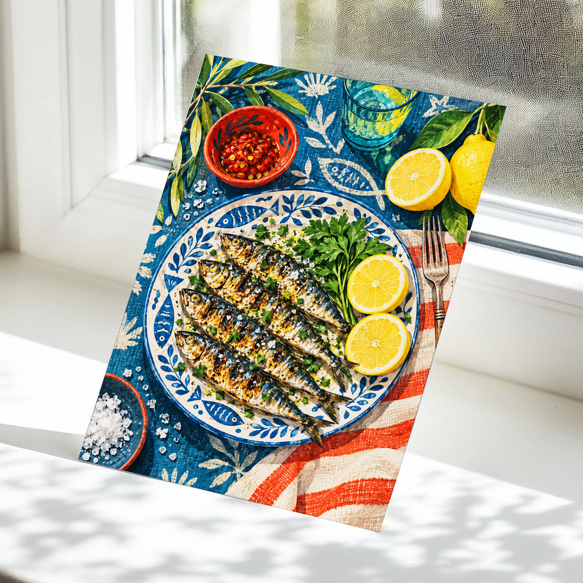 The Lemon Table, blue, yellow, green abstract wall art displayed in a styled interior, gallery view 5