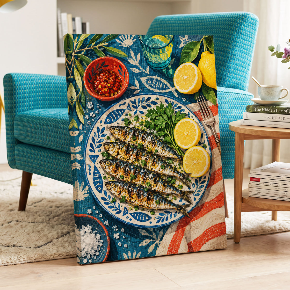 The Lemon Table, blue, yellow, green abstract wall art displayed in a styled interior, gallery view 7