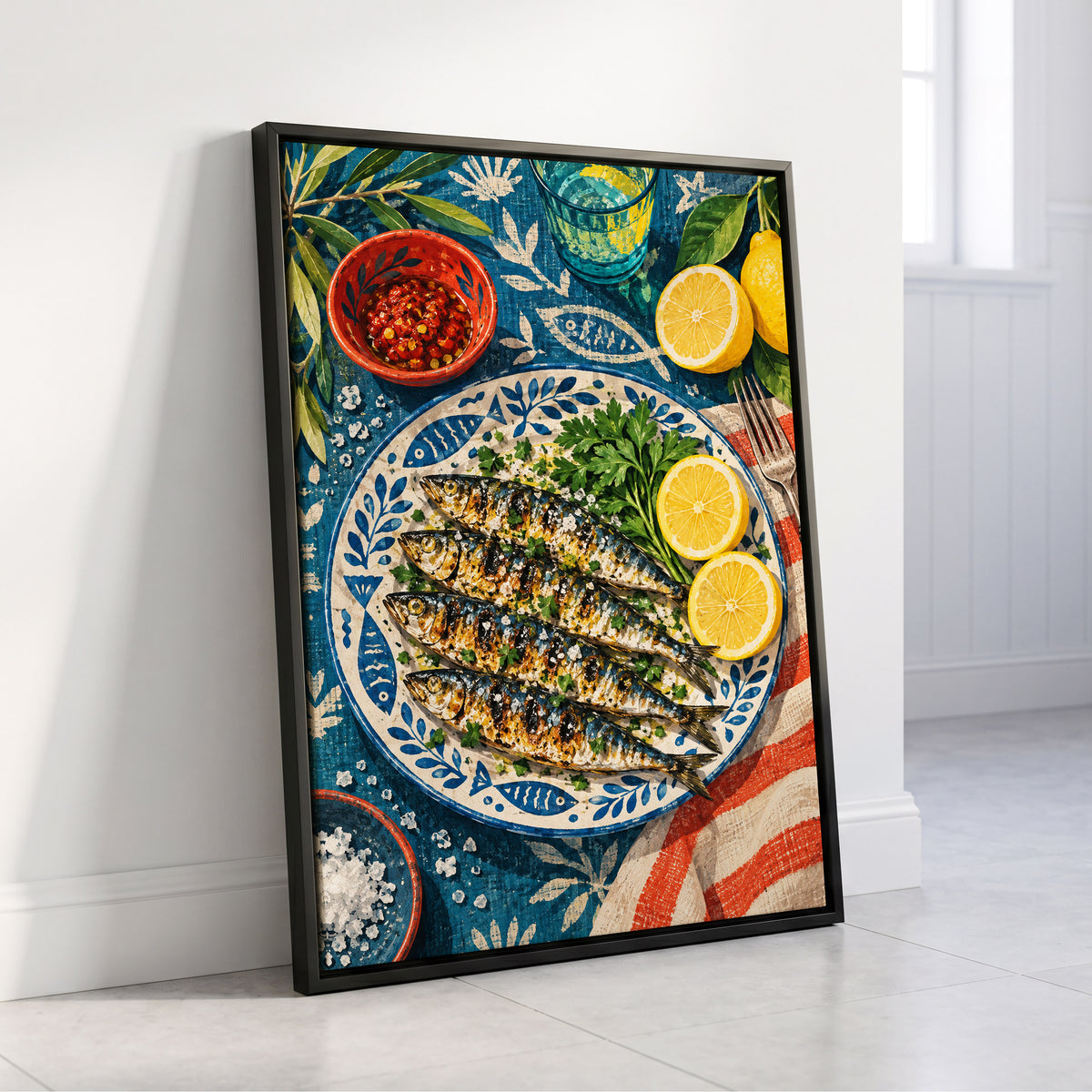 The Lemon Table, blue, yellow, green abstract wall art displayed in a styled interior, gallery view 8