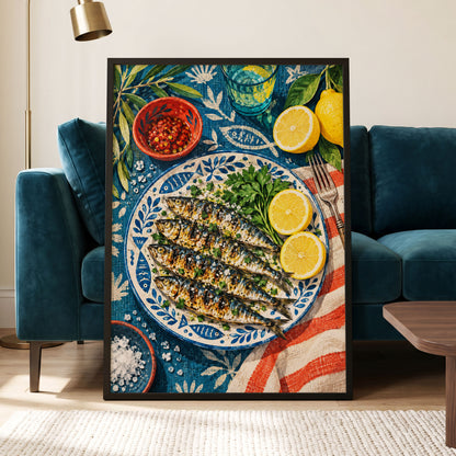 The Lemon Table, blue, yellow, green abstract wall art displayed in a styled interior, gallery view 9