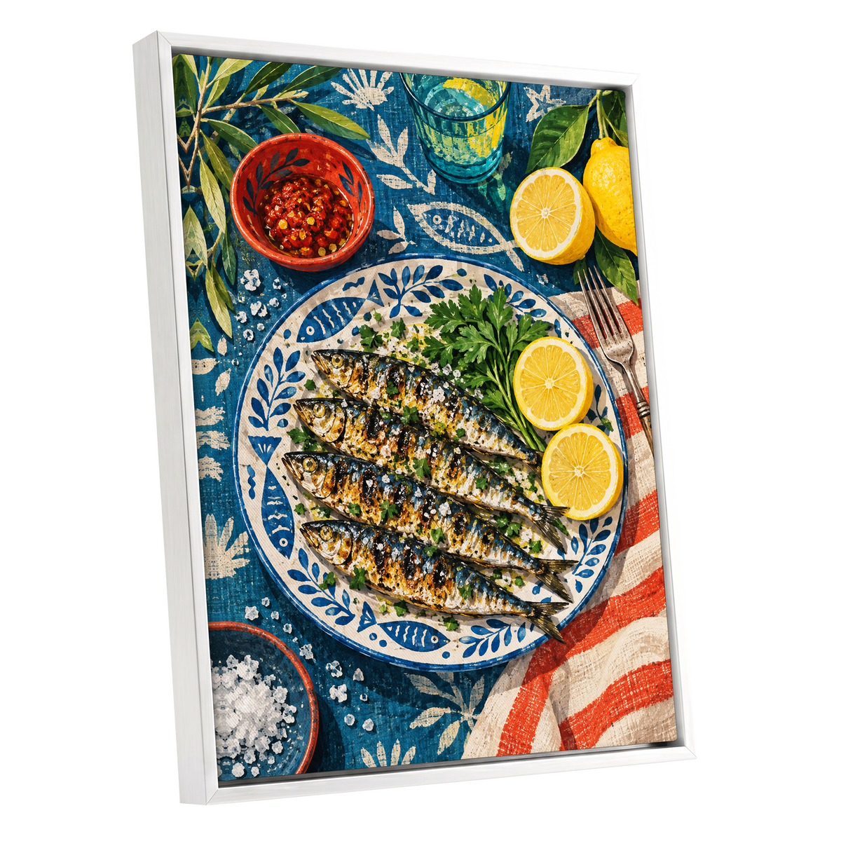 The Lemon Table, blue, yellow, green abstract wall art shown as a white framed canvas wall art