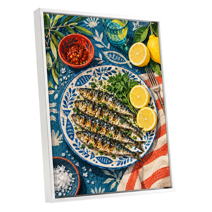 The Lemon Table, blue, yellow, green abstract wall art shown as a white framed canvas wall art