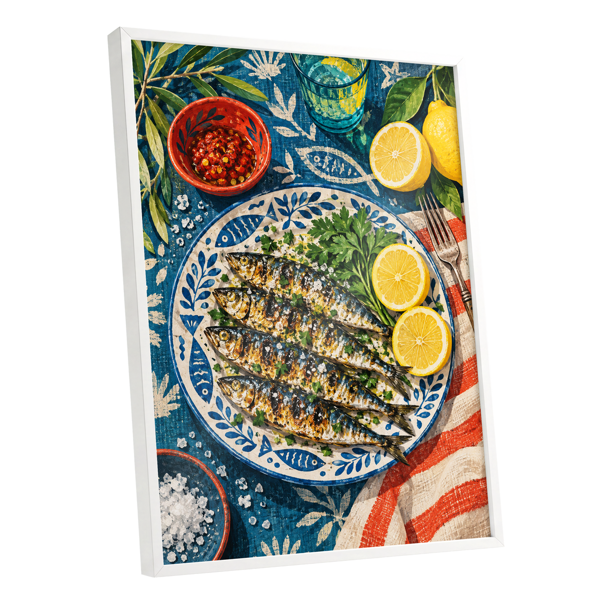 The Lemon Table, blue, yellow, green abstract wall art shown as a white framed poster wall art print