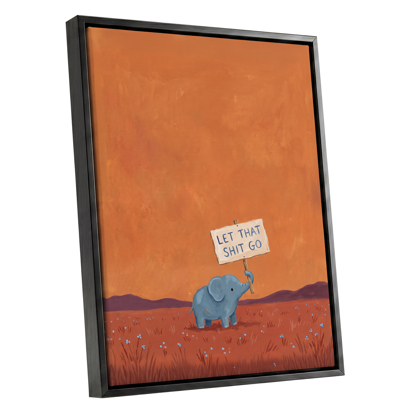 The Let-Go Elephant, orange, red, blue nature wall art shown as a black framed canvas wall art