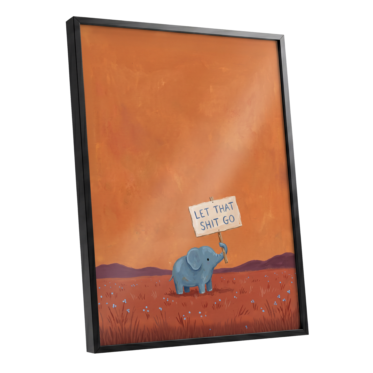 The Let-Go Elephant, orange, red, blue nature wall art shown as a black framed poster wall art print