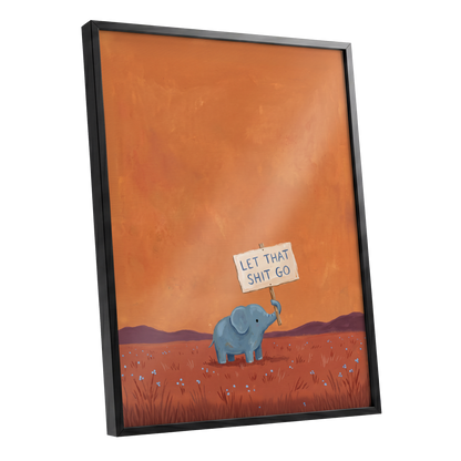 The Let-Go Elephant, orange, red, blue nature wall art shown as a black framed poster wall art print