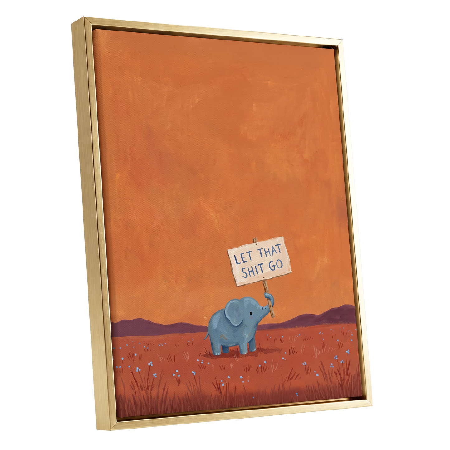 The Let-Go Elephant, orange, red, blue nature wall art shown as a gold framed canvas wall art