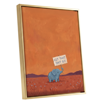 The Let-Go Elephant, orange, red, blue nature wall art shown as a gold framed canvas wall art