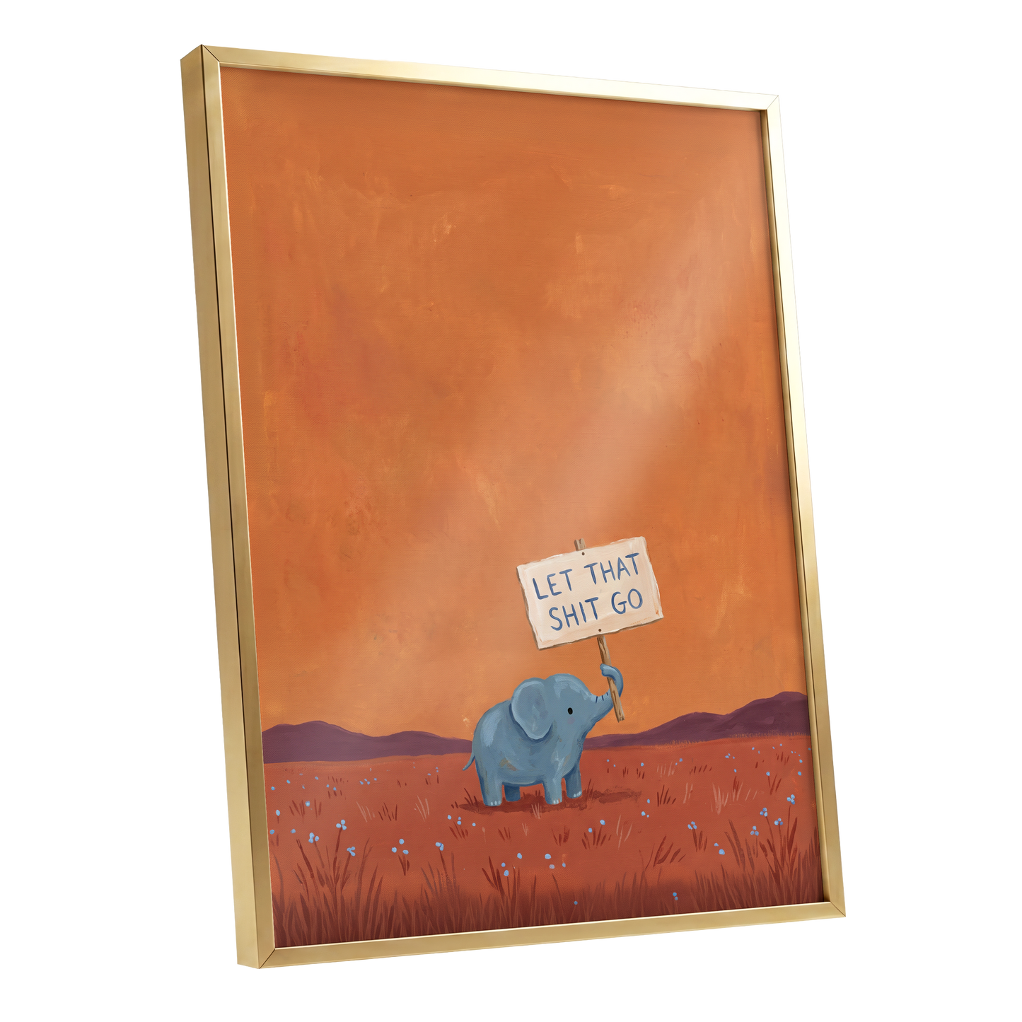 The Let-Go Elephant, orange, red, blue nature wall art shown as a gold framed poster wall art print