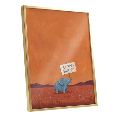 The Let-Go Elephant, orange, red, blue nature wall art shown as a gold framed poster wall art print
