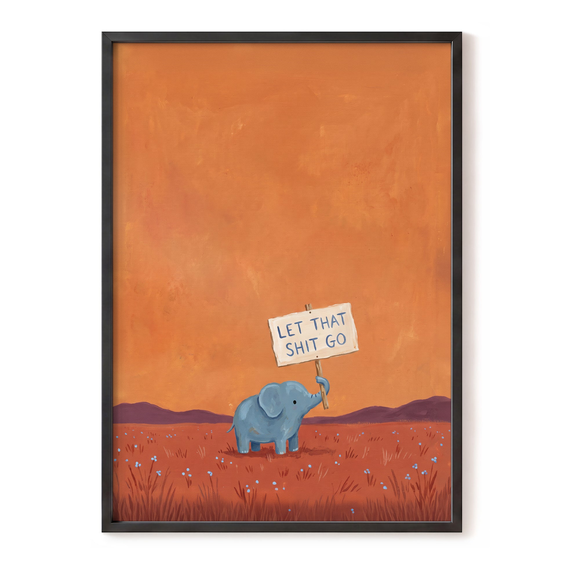 The Let-Go Elephant, orange, red, blue nature wall art, front artwork view