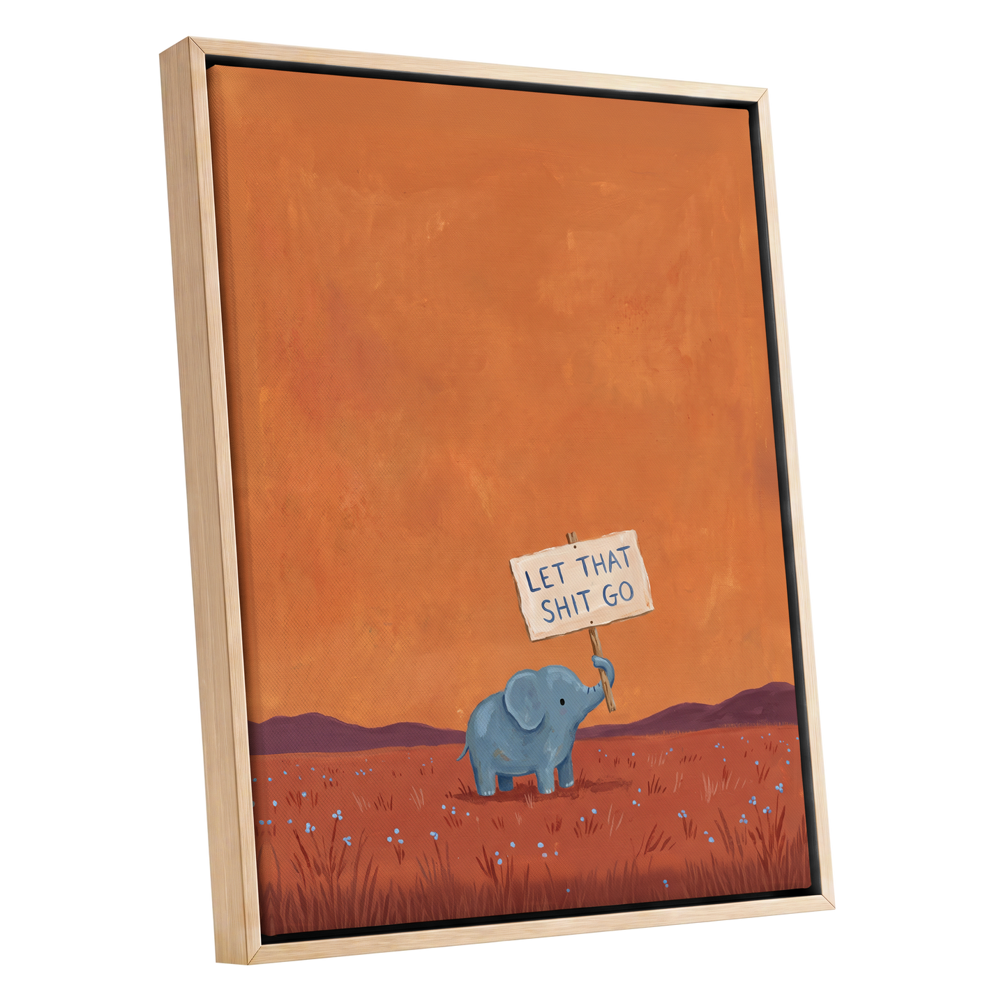 The Let-Go Elephant, orange, red, blue nature wall art shown as a oak framed canvas wall art