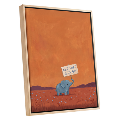 The Let-Go Elephant, orange, red, blue nature wall art shown as a oak framed canvas wall art