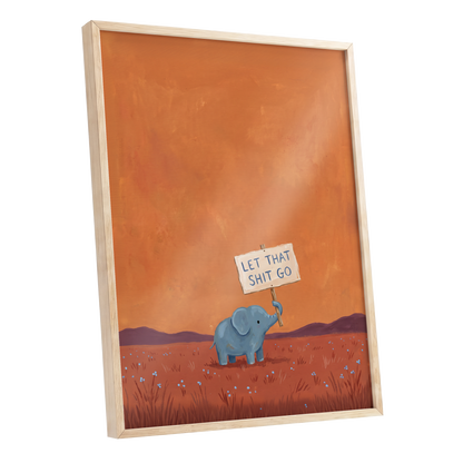 The Let-Go Elephant, orange, red, blue nature wall art shown as a oak framed poster wall art print