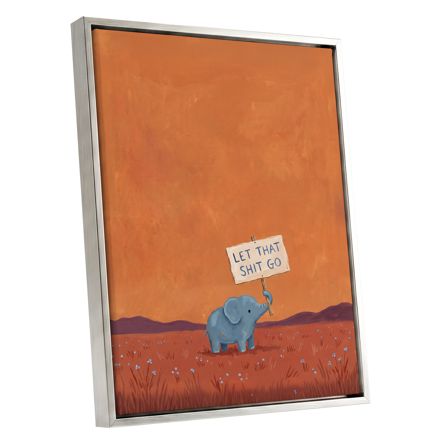 The Let-Go Elephant, orange, red, blue nature wall art shown as a silver framed canvas wall art