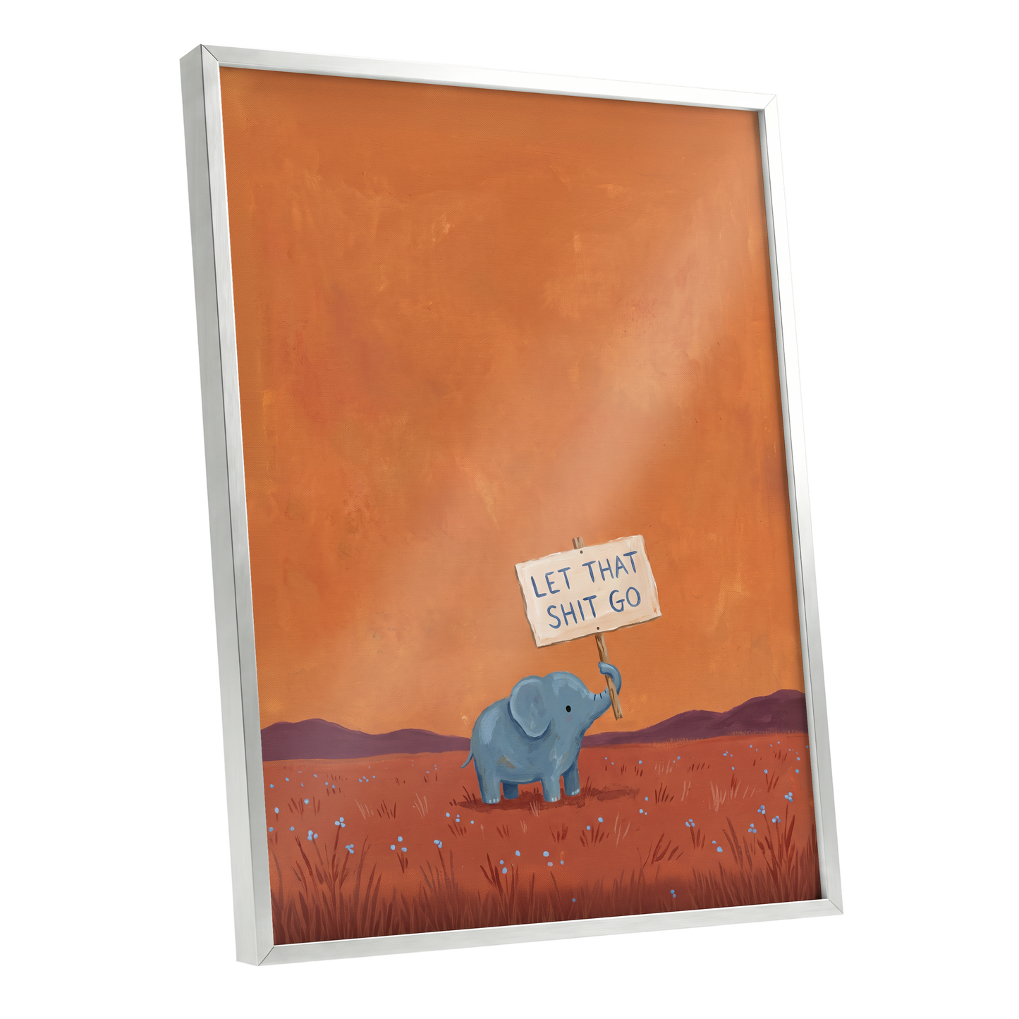 The Let-Go Elephant, orange, red, blue nature wall art shown as a silver framed poster wall art print