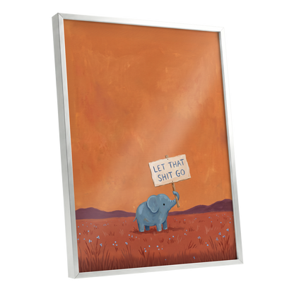 The Let-Go Elephant, orange, red, blue nature wall art shown as a silver framed poster wall art print
