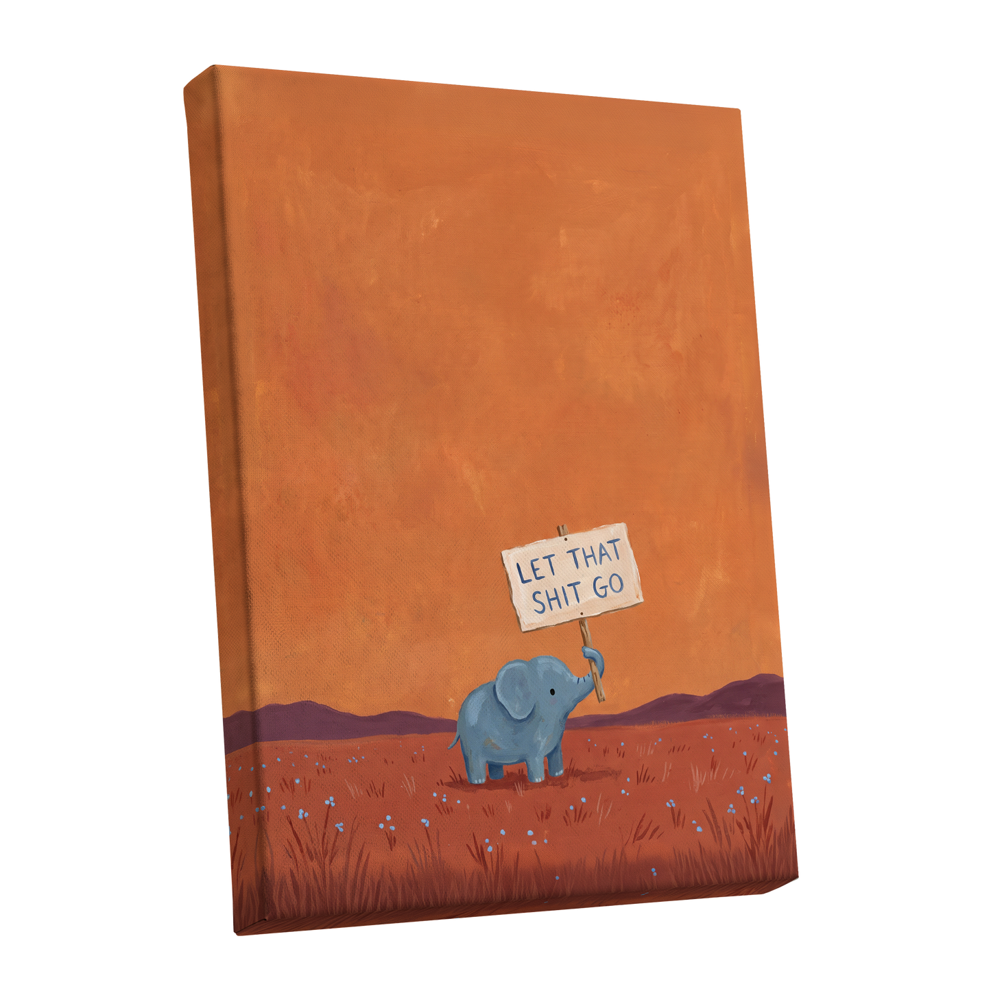 The Let-Go Elephant, orange, red, blue nature wall art shown as a stretched canvas wall art