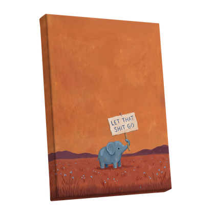 The Let-Go Elephant, orange, red, blue nature wall art shown as a stretched canvas wall art