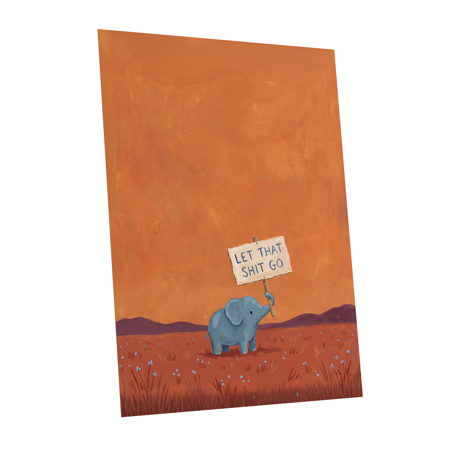 The Let-Go Elephant, orange, red, blue nature wall art shown as a unframed poster wall art print