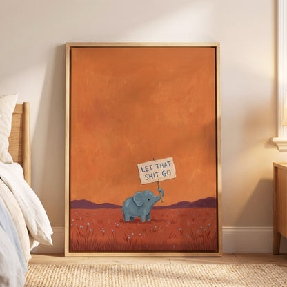 The Let-Go Elephant, orange, red, blue nature wall art displayed in a styled interior, gallery view 4