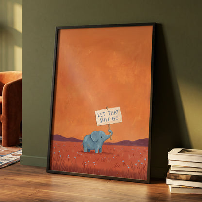 The Let-Go Elephant, orange, red, blue nature wall art displayed in a styled interior, gallery view 6