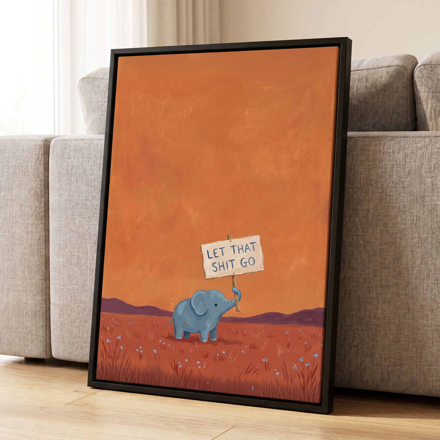 The Let-Go Elephant, orange, red, blue nature wall art displayed in a styled interior, gallery view 8