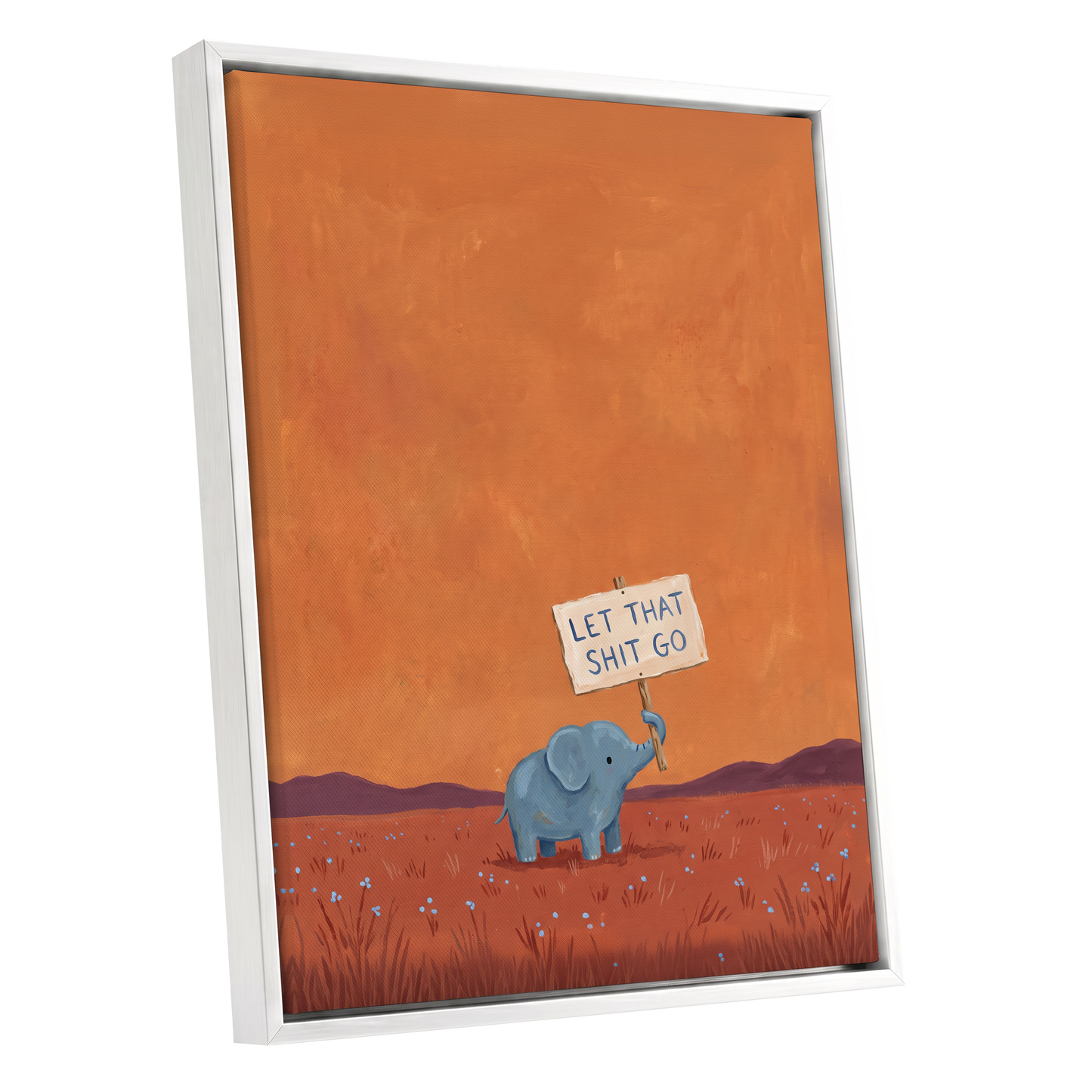 The Let-Go Elephant, orange, red, blue nature wall art shown as a white framed canvas wall art