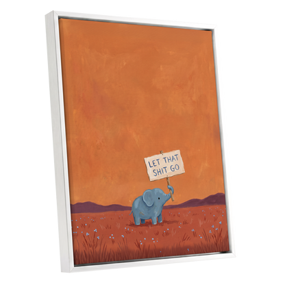 The Let-Go Elephant, orange, red, blue nature wall art shown as a white framed canvas wall art