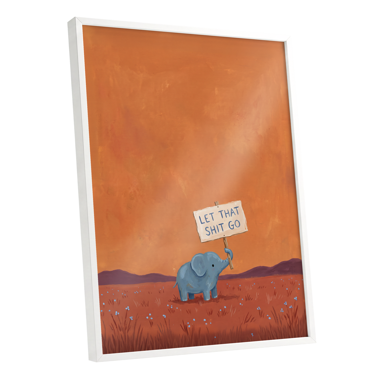 The Let-Go Elephant, orange, red, blue nature wall art shown as a white framed poster wall art print