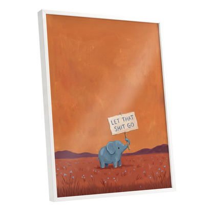 The Let-Go Elephant, orange, red, blue nature wall art shown as a white framed poster wall art print