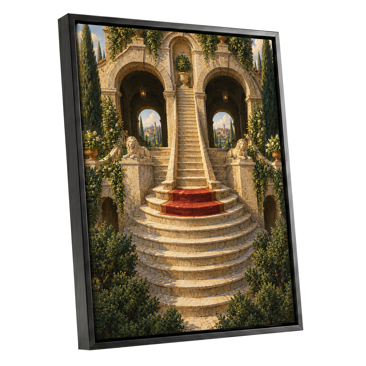 The Lion Stairway, beige, green, brown minimalist wall art shown as a black framed canvas wall art