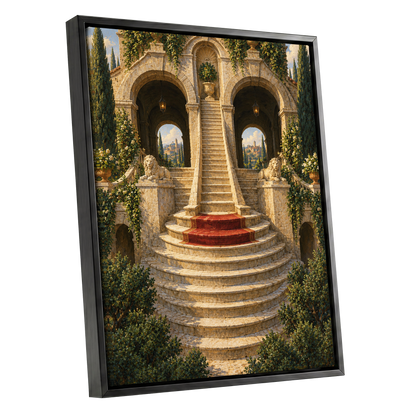 The Lion Stairway, beige, green, brown minimalist wall art shown as a black framed canvas wall art
