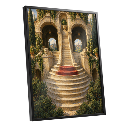 The Lion Stairway, beige, green, brown minimalist wall art shown as a black framed poster wall art print
