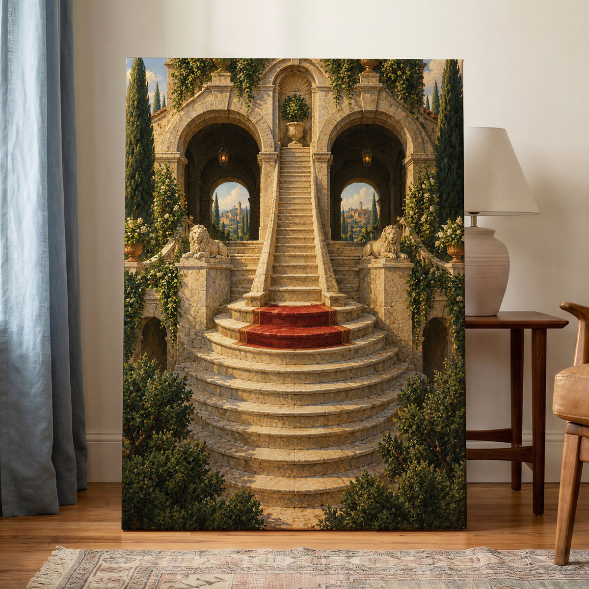 The Lion Stairway, beige, green, brown minimalist wall art on canvas displayed in a styled interior, gallery view 1