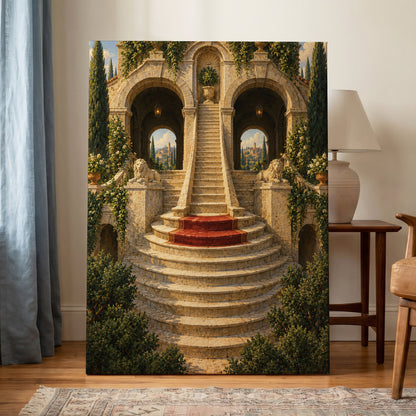 The Lion Stairway, beige, green, brown minimalist wall art on canvas displayed in a styled interior, gallery view 1