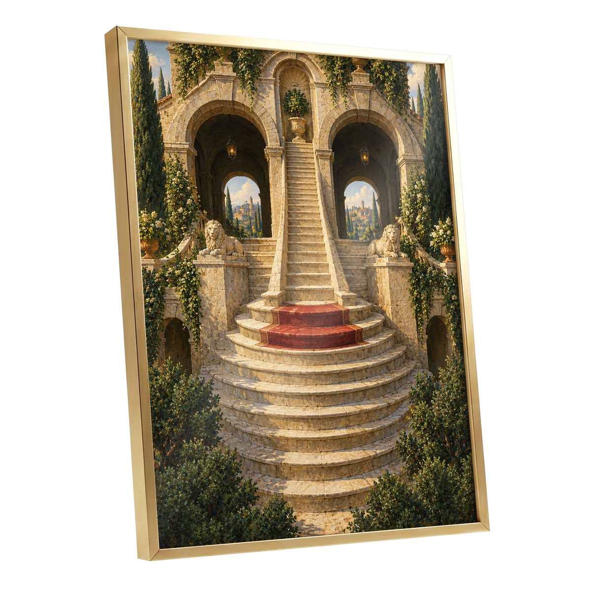 The Lion Stairway, beige, green, brown minimalist wall art shown as a gold framed poster wall art print