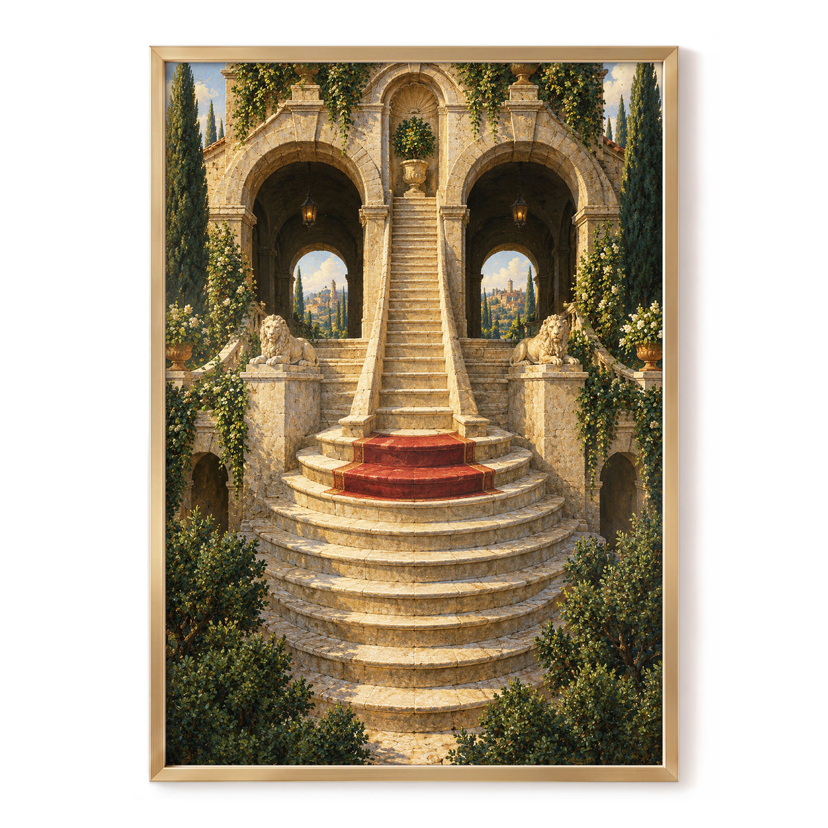 The Lion Stairway, beige, green, brown minimalist wall art, front artwork view