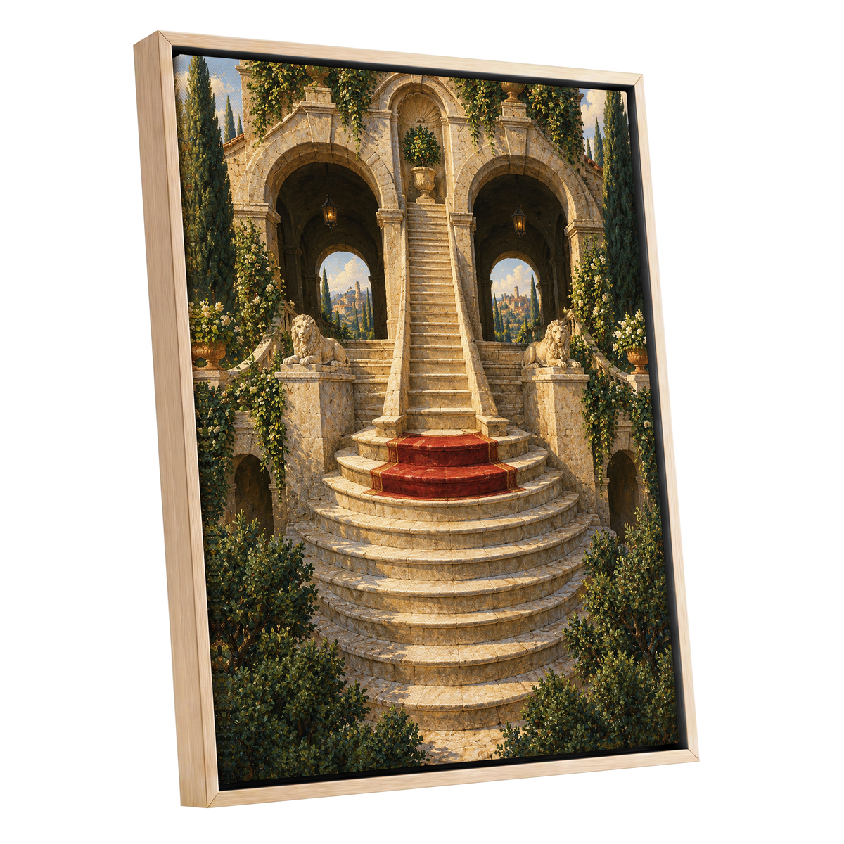 The Lion Stairway, beige, green, brown minimalist wall art shown as a oak framed canvas wall art