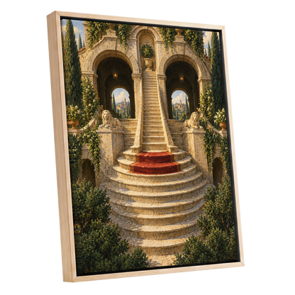 The Lion Stairway, beige, green, brown minimalist wall art shown as a oak framed canvas wall art