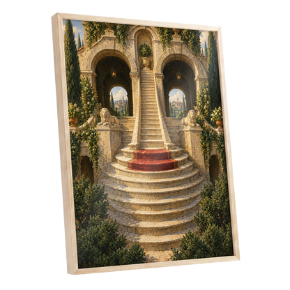 The Lion Stairway, beige, green, brown minimalist wall art shown as a oak framed poster wall art print
