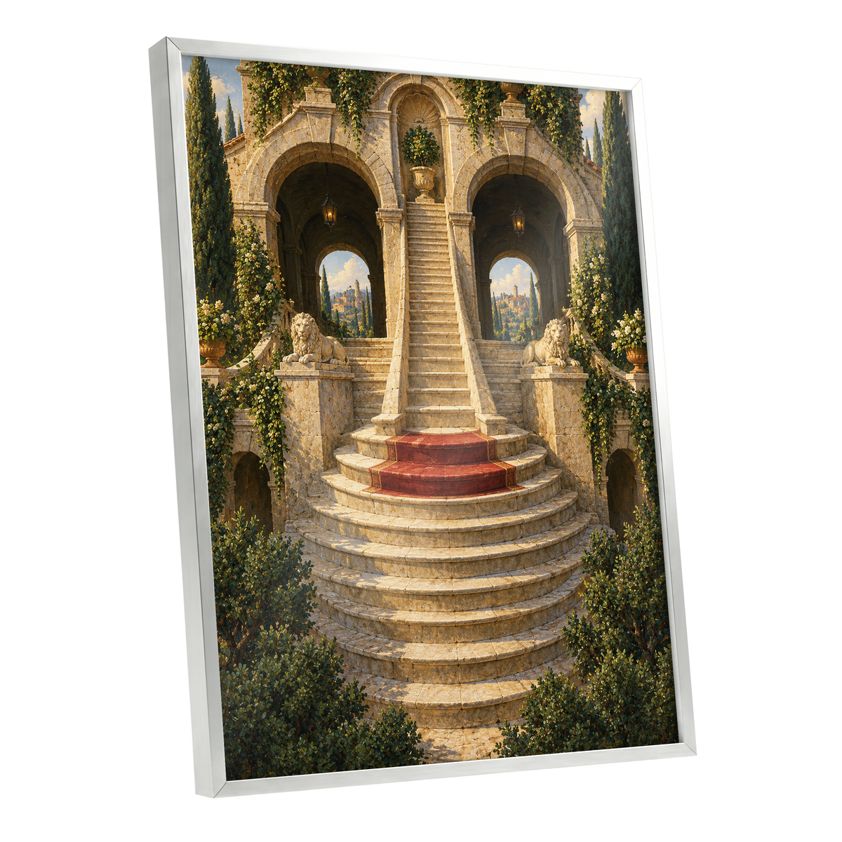 The Lion Stairway, beige, green, brown minimalist wall art shown as a silver framed poster wall art print