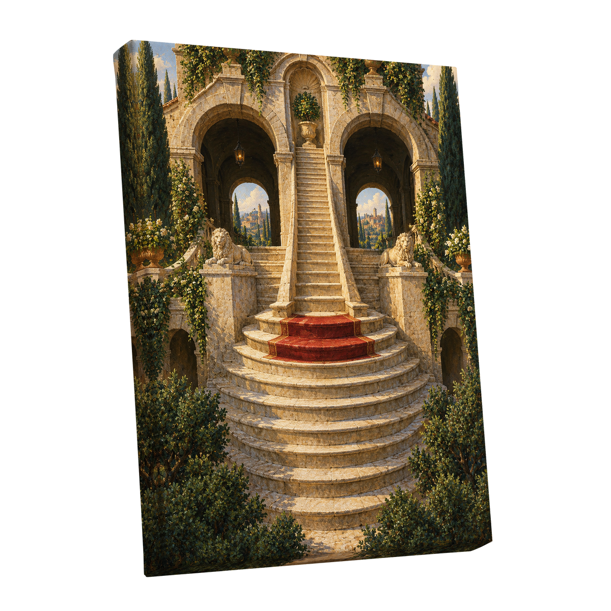 The Lion Stairway, beige, green, brown minimalist wall art shown as a stretched canvas wall art