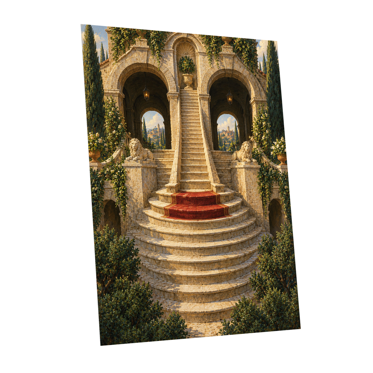 The Lion Stairway, beige, green, brown minimalist wall art shown as a unframed poster wall art print