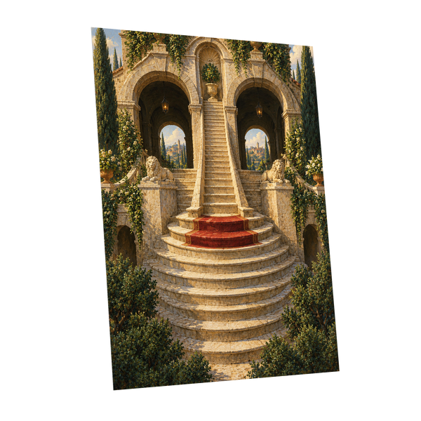 The Lion Stairway, beige, green, brown minimalist wall art shown as a unframed poster wall art print