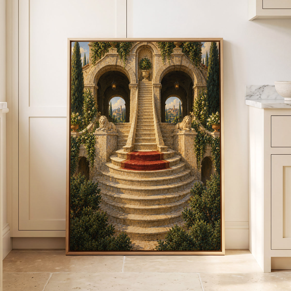 The Lion Stairway, beige, green, brown minimalist wall art displayed in a styled interior, gallery view 1