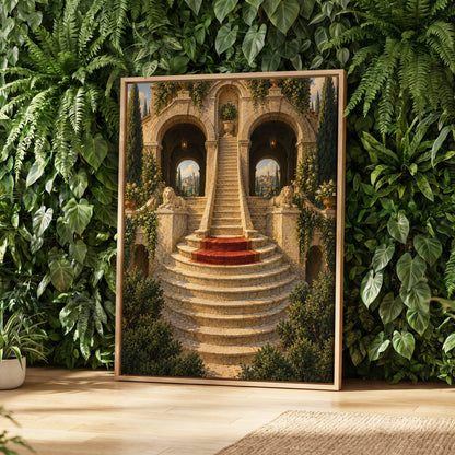 The Lion Stairway, beige, green, brown minimalist wall art displayed in a styled interior, gallery view 2